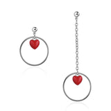 925 Silver Tassel Earrings Asymmetric Red Heart Circle Earrings