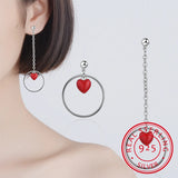 925 Silver Tassel Earrings Asymmetric Red Heart Circle Earrings