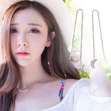 925 Silver Zircon Moon Star Box Chain Tassel Drop Earrings