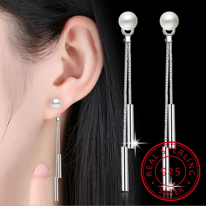 925 Silver Needle Pearl Tassel Earrings for Women