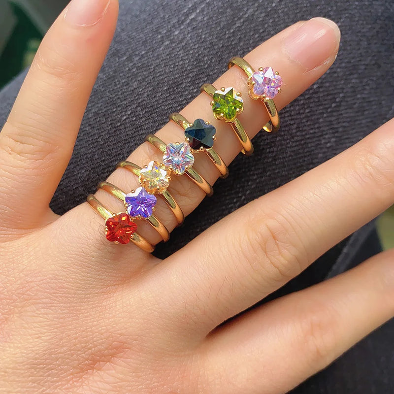 Adjustable Flower Shape Crystal Glass Rings Set for Women