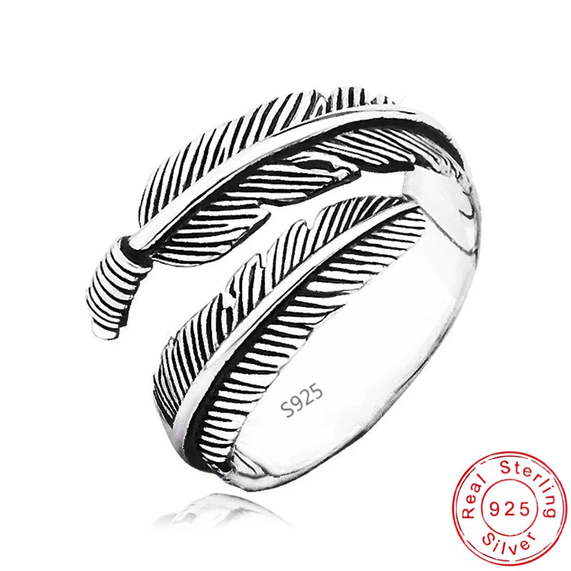 925 Sterling Silver Feather Rings Vintage Adjustable Leaf Wishbone Ring