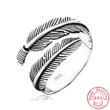 925 Sterling Silver Feather Rings Vintage Adjustable Leaf Wishbone Ring