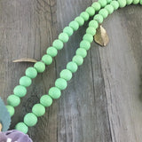 Aqua Cloth Flower Metal Leaf Long Wood Bead Necklace Woman