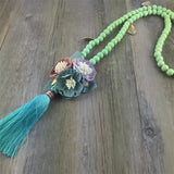 Aqua Cloth Flower Metal Leaf Long Wood Bead Necklace Woman
