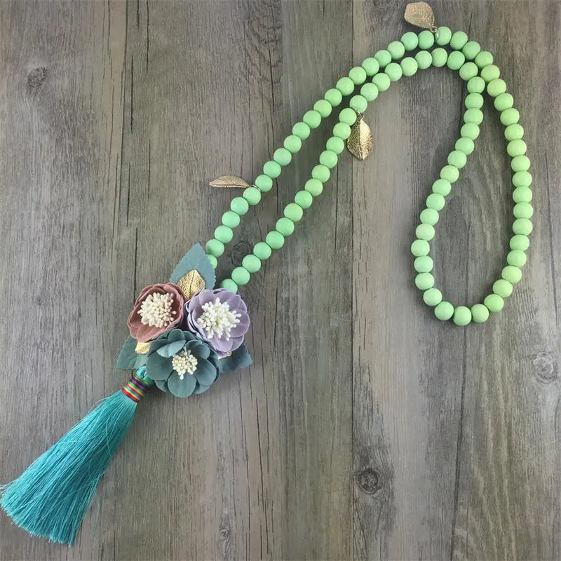 Aqua Cloth Flower Metal Leaf Long Wood Bead Necklace Woman