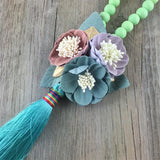 Aqua Cloth Flower Metal Leaf Long Wood Bead Necklace Woman
