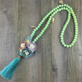 Aqua Cloth Flower Metal Leaf Long Wood Bead Necklace Woman