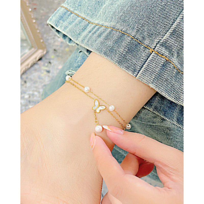 Artificial Pearl Anklet Tassel Butterfly Stainless Steel Jewelry