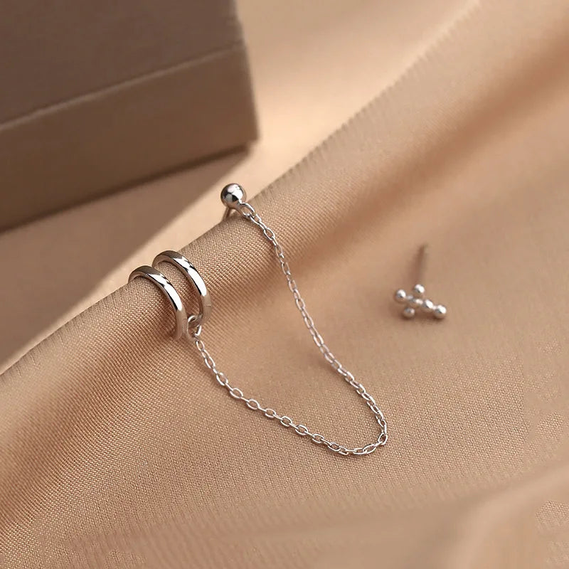 Asymmetric Chain Tassel Cuff Earrings Clip Stud Piercing Accessory