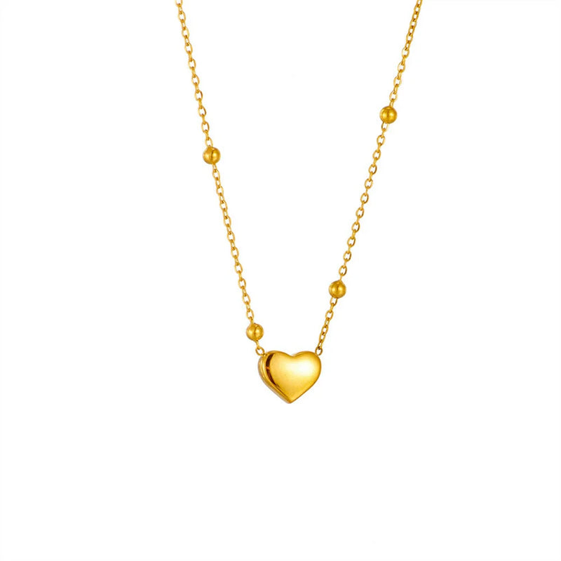 Heart Pendant Bead Chain Choker Necklace Stainless Steel Women Jewelry