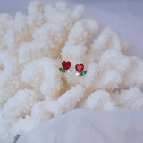 14K Plated Red Heart Stud Earrings with Zircon Leaves