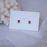 14K Plated Red Heart Stud Earrings with Zircon Leaves