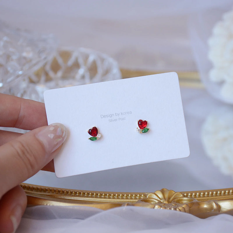 14K Plated Red Heart Stud Earrings with Zircon Leaves