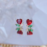 14K Plated Red Heart Stud Earrings with Zircon Leaves