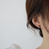 14K Plated Red Heart Stud Earrings with Zircon Leaves