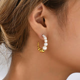 C-shape Circle Hoop Earrings Stainless Steel Ball with Pearl Beads