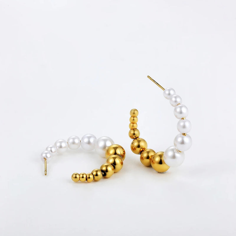 C-shape Circle Hoop Earrings Stainless Steel Ball with Pearl Beads