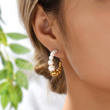 C-shape Circle Hoop Earrings Stainless Steel Ball with Pearl Beads