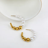 C-shape Circle Hoop Earrings Stainless Steel Ball with Pearl Beads