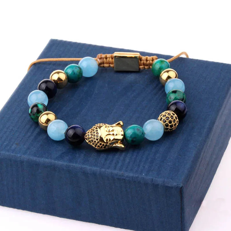 CZ Micro Pave Buddha Charm Bracelet Natural Stone Beads Bangle