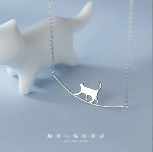 Curved Personality 925 Sterling Silver Walking Cat Choker Necklaces