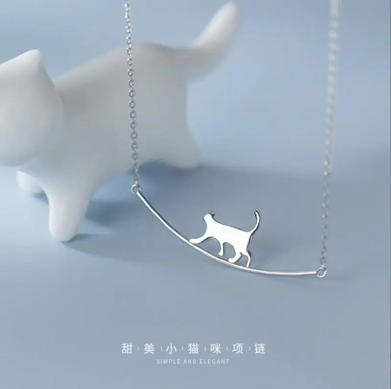 Curved Personality 925 Sterling Silver Walking Cat Choker Necklaces