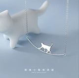 Curved Personality 925 Sterling Silver Walking Cat Choker Necklaces