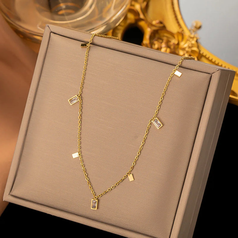 Stainless Steel Chain Choker Necklace with Cubic Zirconia - Christmas Gift