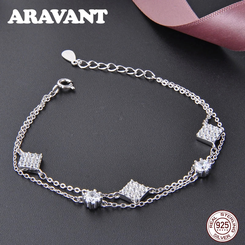 925 Silver Crystal Square Charm Bracelet for Women