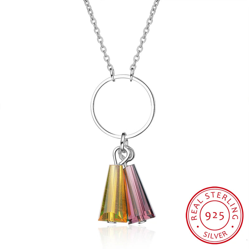 Colorful Crystal Fan Pendant Necklace 925 Sterling Silver Jewelry