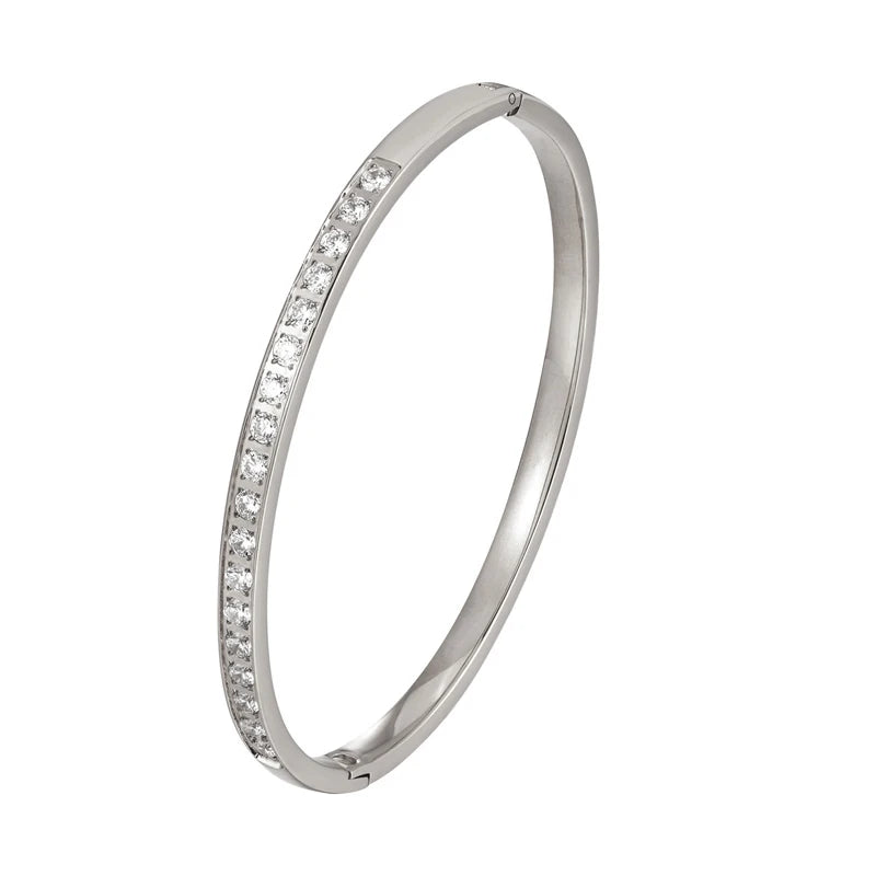 Classic Inlay 18 Zircon Bangle Stainless Steel Bracelet Cuff