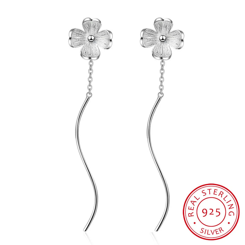 Clover Flower Wave Tassel Earrings 925 Sterling Silver Drop Earrings