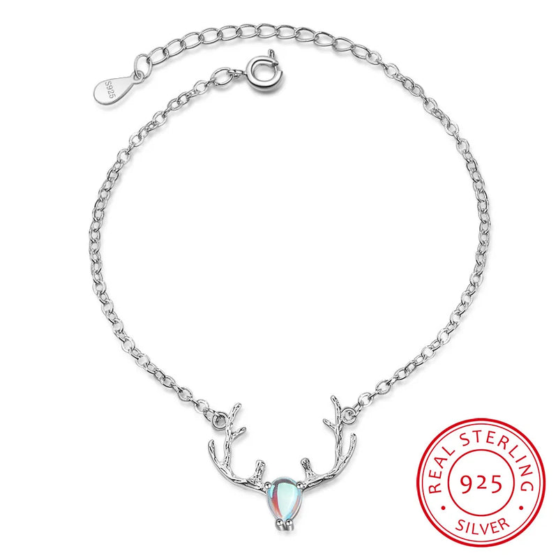 Colorful Moonstone Animal 925 Sterling Silver Elk Deer Crystal Bracelet