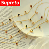 Colorful Water Drop Pendant Necklace Women Titanium Steel Zircon Tassel