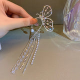 Crystal Butterfly Clip Earring Pearl Bead Ear Cuff Tassel Earrings