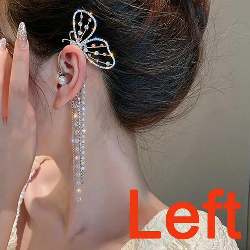 Crystal Butterfly Clip Earring Pearl Bead Ear Cuff Tassel Earrings