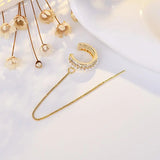 Crystal Pearl Ear Cuff Silver Long Chain Clip On Earring
