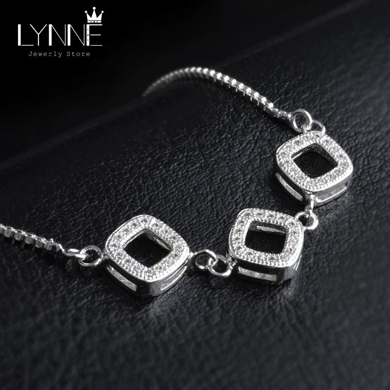 CZ Three Square Pendant Bracelet 925 Sterling Silver Adjustable Charm Jewelry