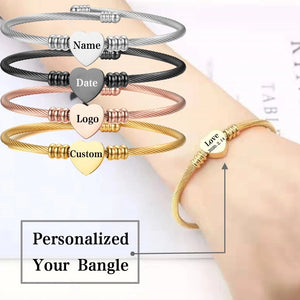 Personalized Heart Name Bracelet Stainless Steel Bangle