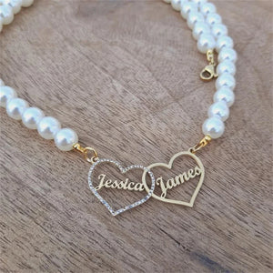 Personalized Double Heart Pendant Pearl Necklace for Women