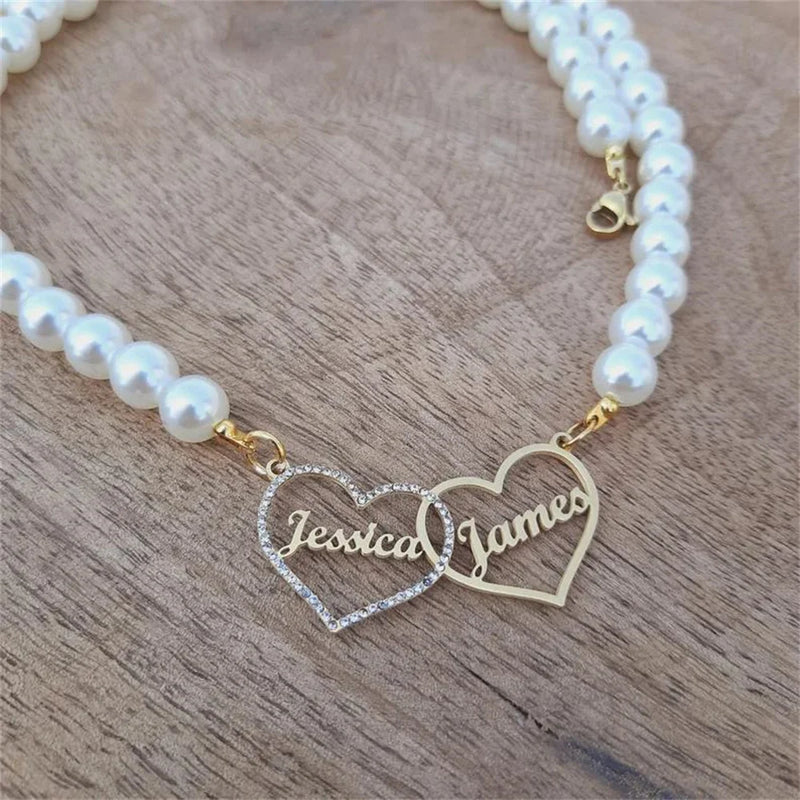 Personalized Double Heart Pendant Pearl Necklace for Women