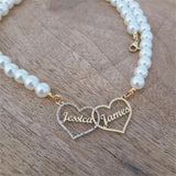 Personalized Double Heart Pendant Pearl Necklace for Women