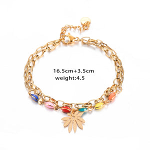 Beads Leaf Evil Eye Charm Bracelet Stainless Steel Adjustable Wrist Jewelry