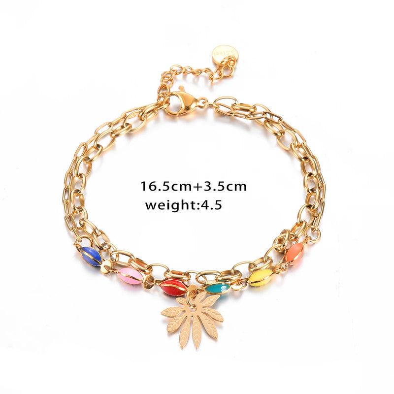 Beads Leaf Evil Eye Charm Bracelet Stainless Steel Adjustable Wrist Jewelry