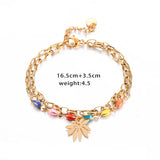 Beads Leaf Evil Eye Charm Bracelet Stainless Steel Adjustable Wrist Jewelry