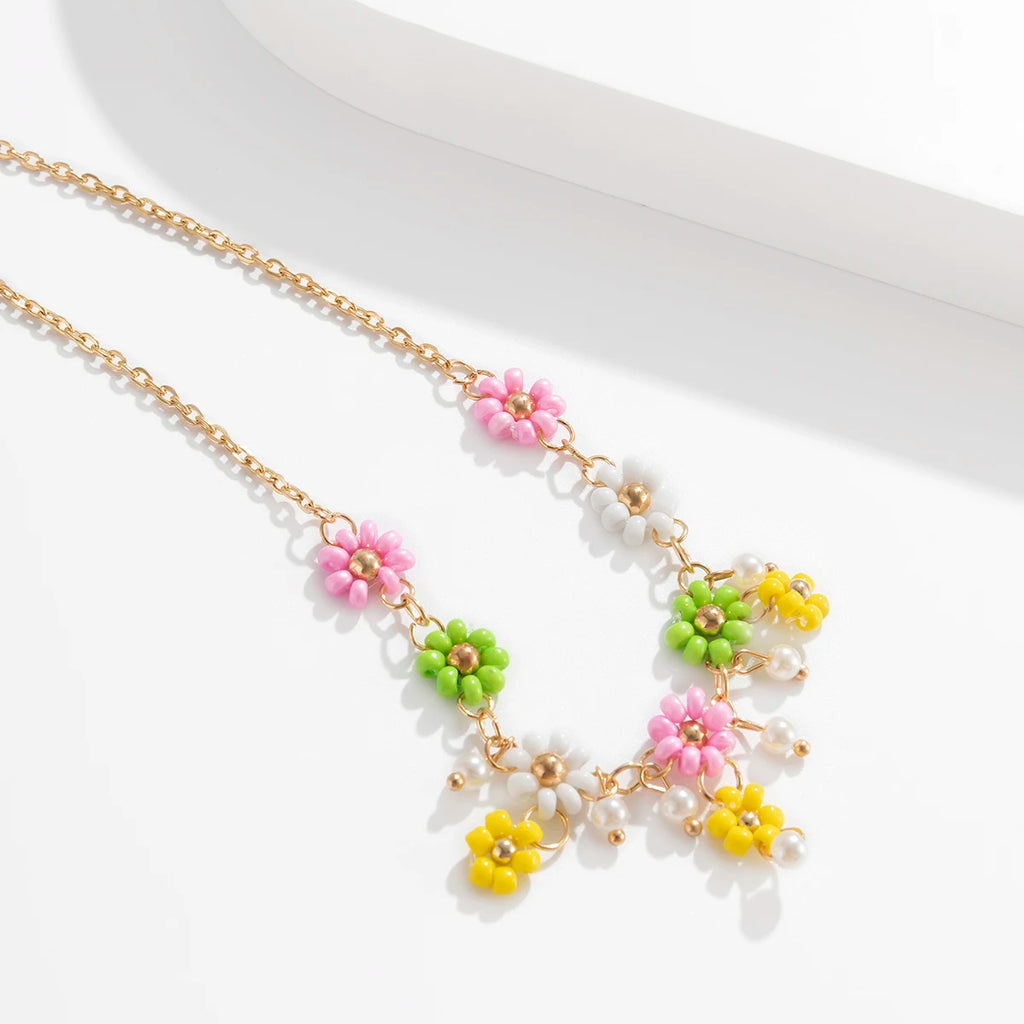 Colorful Flowers Pendant Necklace for Women Girls Short Clavicle Chain