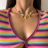 Colorful Flowers Pendant Necklace for Women Girls Short Clavicle Chain