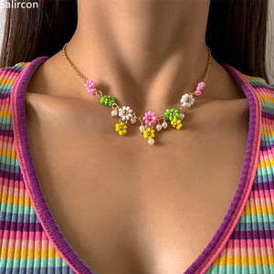 Colorful Flowers Pendant Necklace for Women Girls Short Clavicle Chain