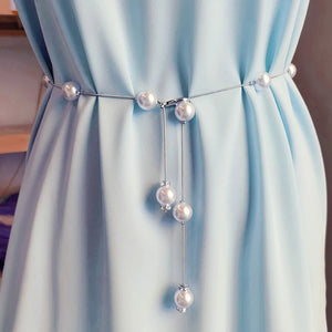 Metal Pearl Chain Belt Women Adjustable Dress Waist Belt